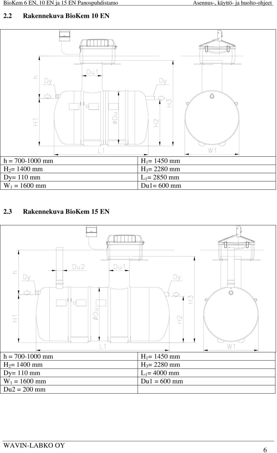 3 Rakennekuva BioKem 15 EN h = 700-1000 mm H 2 = 1400 mm Dy= 110 mm W 1