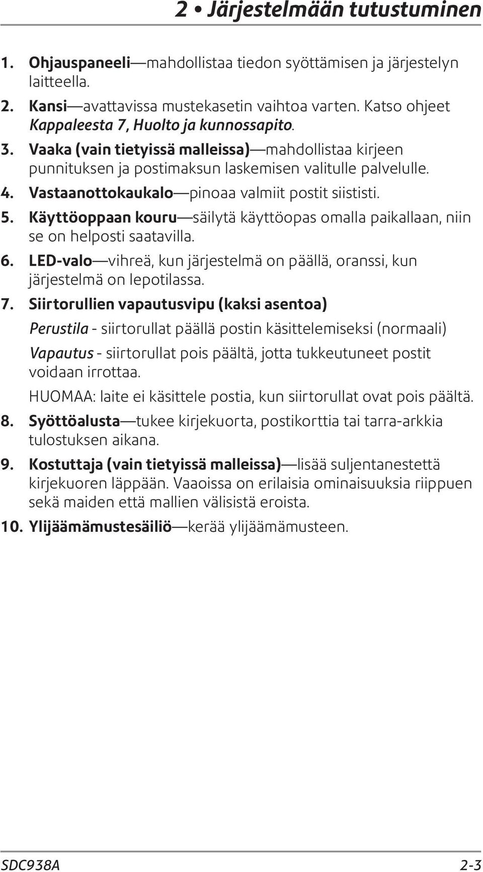 Vastaanottokaukalo pinoaa valmiit postit siististi. 5. Käyttöoppaan kouru säilytä käyttöopas omalla paikallaan, niin se on helposti saatavilla. 6.