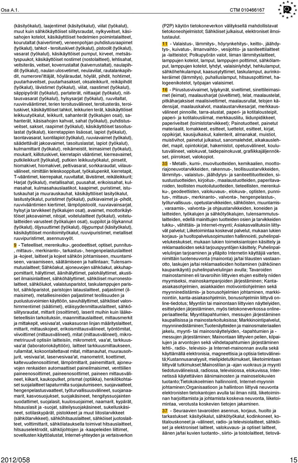 kourutaltat (kaivertimet), veneenpohjan puhdistusraapimet (työkalut), tahkot - teroituskivet (työkalut), pistoolit (työkalut), vasarat (työkalut), käsikäyttöiset pumput, kirveet, metsästyspuukot,