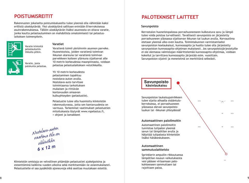 Tällöin uloskäytävän lisäksi asunnosta on oltava varatie, jonka kautta pelastautuminen on mahdollista omatoimisesti tai pelastuslaitoksen toimenpitein. Varatie kiinteitä pelastautumistikkaita pitkin.