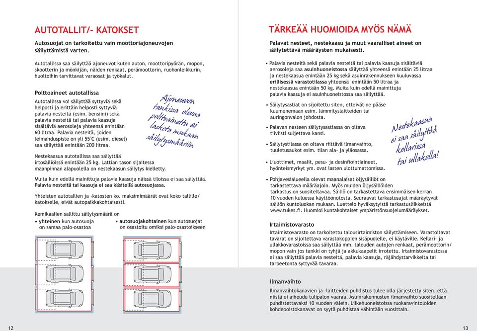 Polttoaineet autotallissa Autotallissa voi säilyttää syttyviä sekä helposti ja erittäin helposti syttyviä palavia nesteitä (esim.