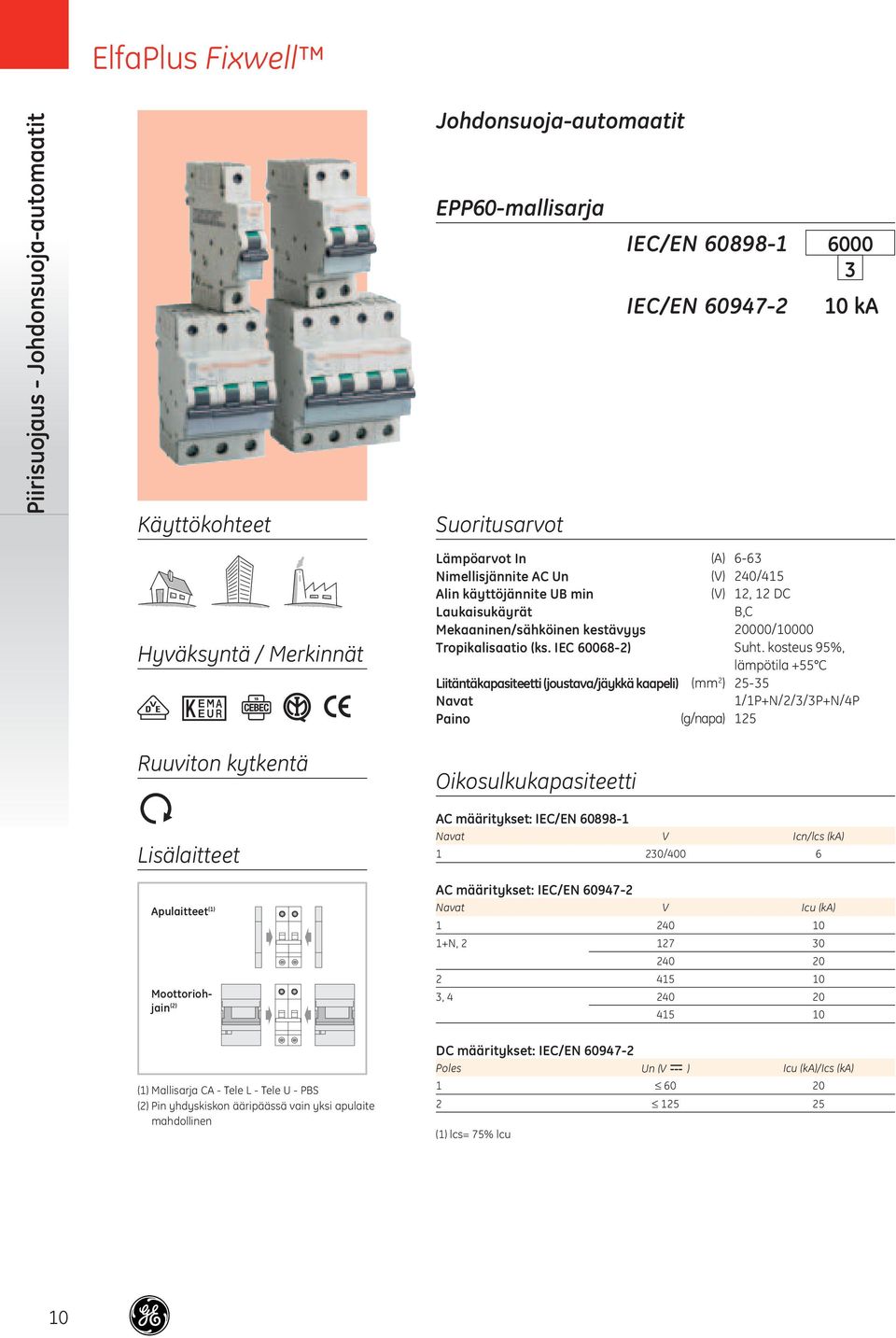 käyttöjännite UB min (V), DC Laukaisukäyrät B,C Mekaaninen/sähköinen kestävyys 20000/10000 Tropikalisaatio (ks. IEC 008-2) Suht.