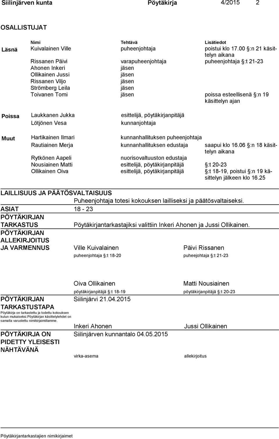 esteellisenä :n 19 kä sit te lyn ajan Poissa Laukkanen Jukka esittelijä, pöytäkirjanpitäjä Lötjönen Vesa kunnanjohtaja Muut Hartikainen Ilmari kunnanhallituksen puheenjohtaja Rautiainen Merja