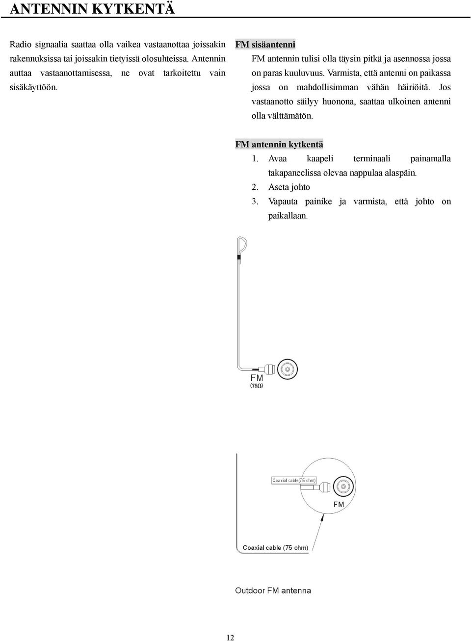 FM sisäantenni FM antennin tulisi olla täysin pitkä ja asennossa jossa on paras kuuluvuus.