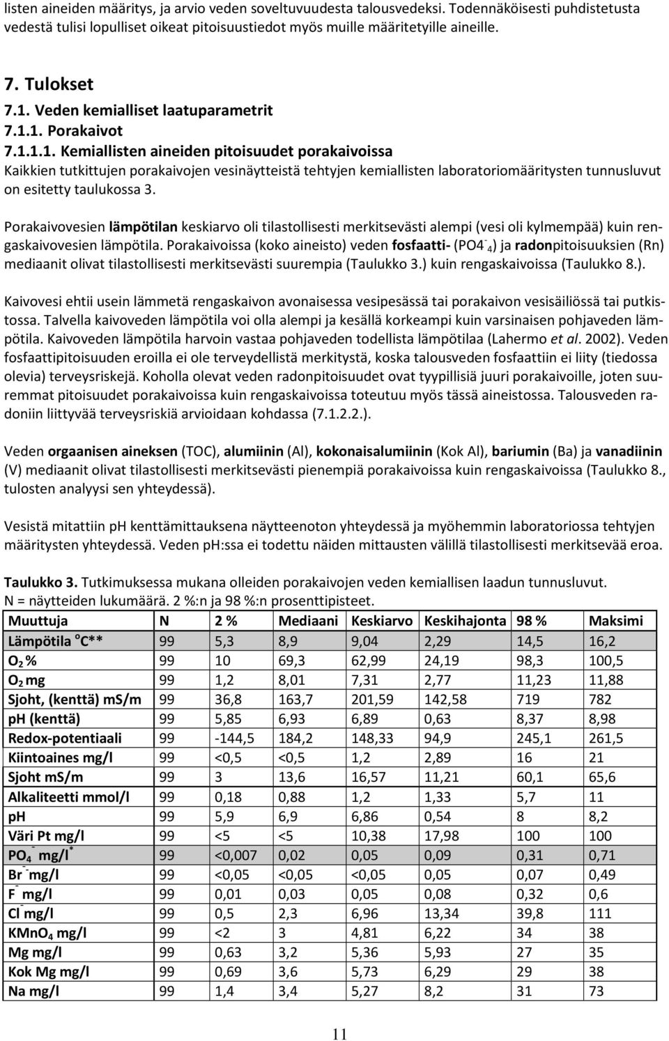 Porakaivovesien lämpötilan keskiarvo oli tilastollisesti merkitsevästi alempi (vesi oli kylmempää) kuin rengaskaivovesien lämpötila.