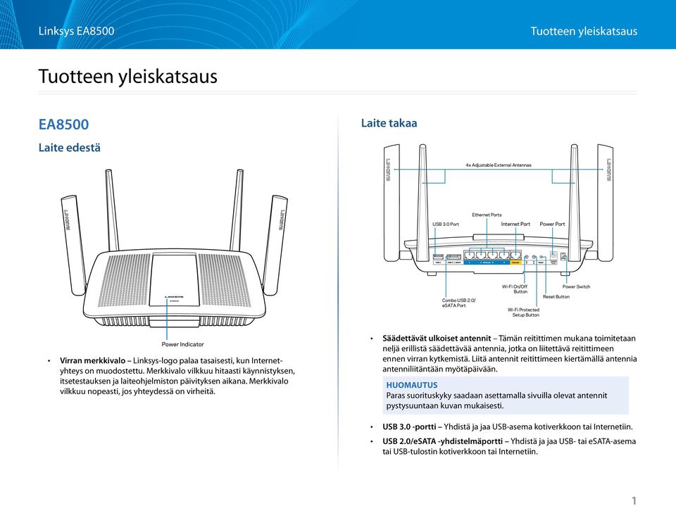 0/ esata Port Wi-Fi On/Off Button Wi-Fi Protected Setup Button Reset Button Power Switch Power Indicator awing of top view page 1> Virran merkkivalo Linksys-logo palaa tasaisesti, kun Internetyhteys