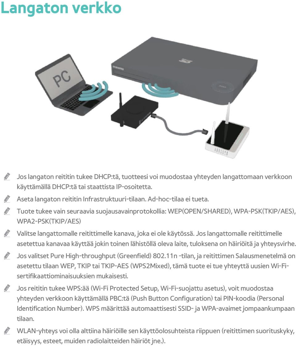 Tuote tukee vain seuraavia suojausavainprotokollia: WEP(OPEN/SHARED), WPA-PSK(TKIP/AES), WPA2-PSK(TKIP/AES) Valitse langattomalle reitittimelle kanava, joka ei ole käytössä.