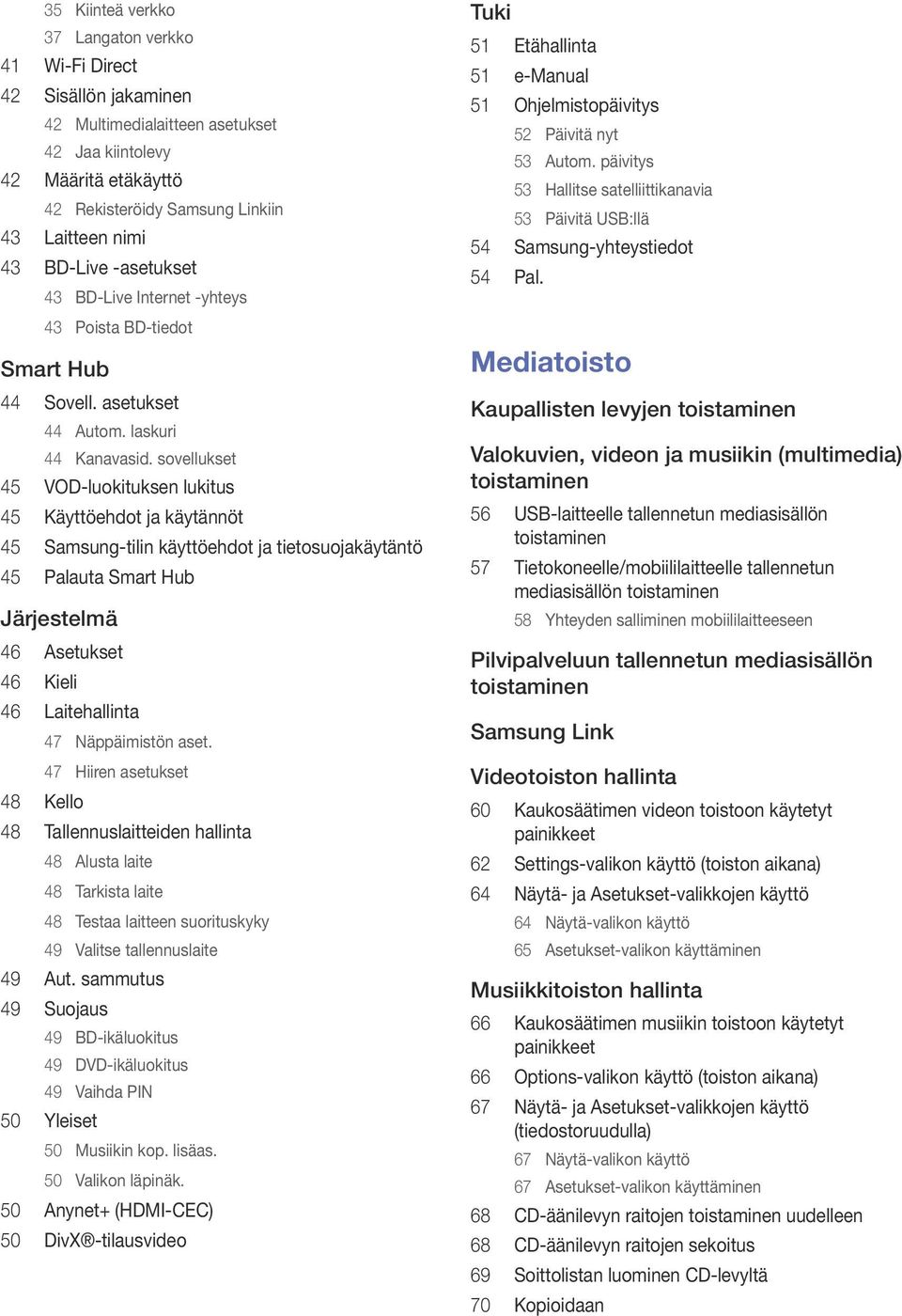 sovellukset 45 VOD-luokituksen lukitus 45 Käyttöehdot ja käytännöt 45 Samsung-tilin käyttöehdot ja tietosuojakäytäntö 45 Palauta Smart Hub Järjestelmä 46 Asetukset 46 Kieli 46 Laitehallinta 47