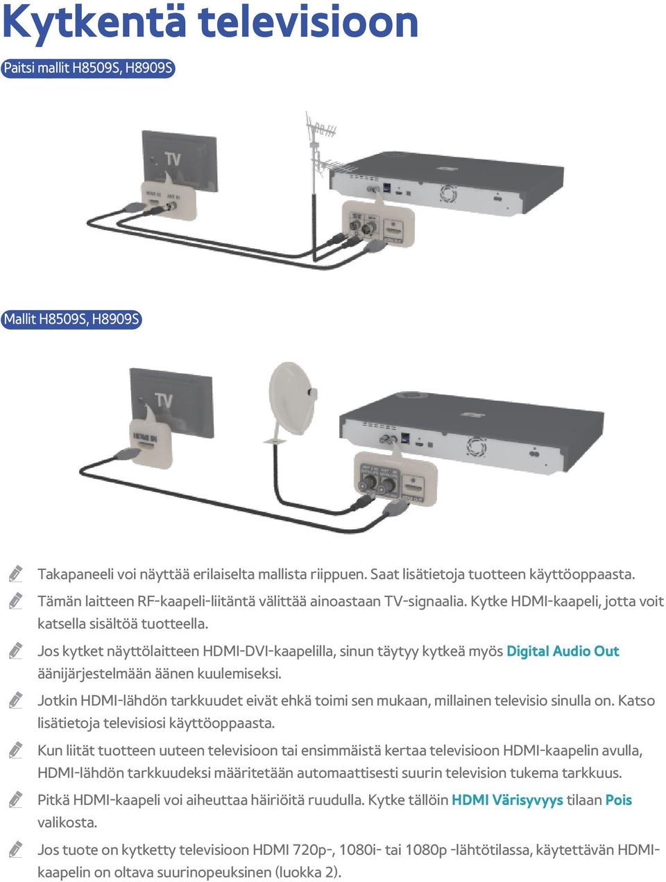 Jos kytket näyttölaitteen HDMI-DVI-kaapelilla, sinun täytyy kytkeä myös Digital Audio Out äänijärjestelmään äänen kuulemiseksi.