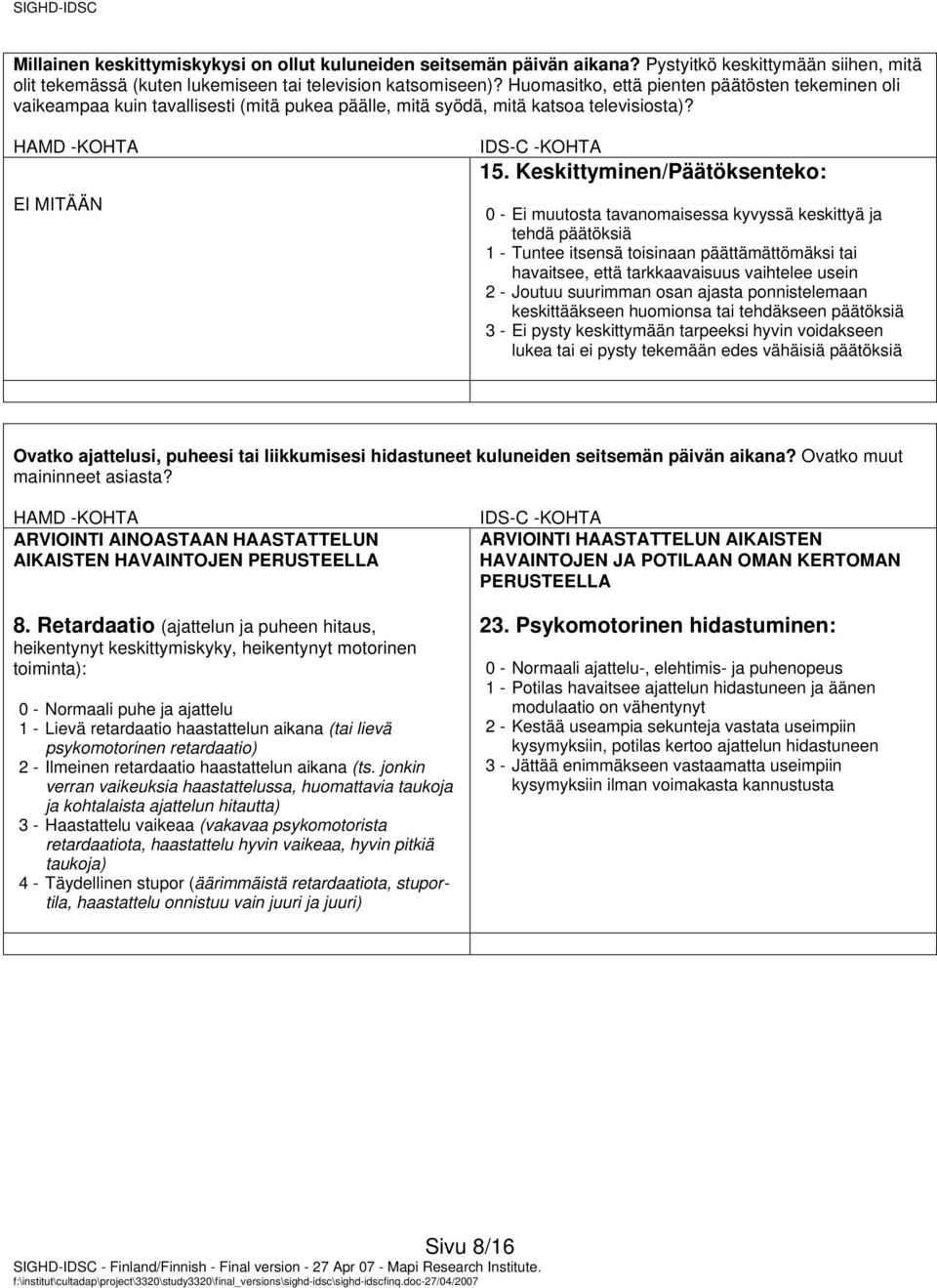 Keskittyminen/Päätöksenteko: 0 - Ei muutosta tavanomaisessa kyvyssä keskittyä ja tehdä päätöksiä 1 - Tuntee itsensä toisinaan päättämättömäksi tai havaitsee, että tarkkaavaisuus vaihtelee usein 2 -