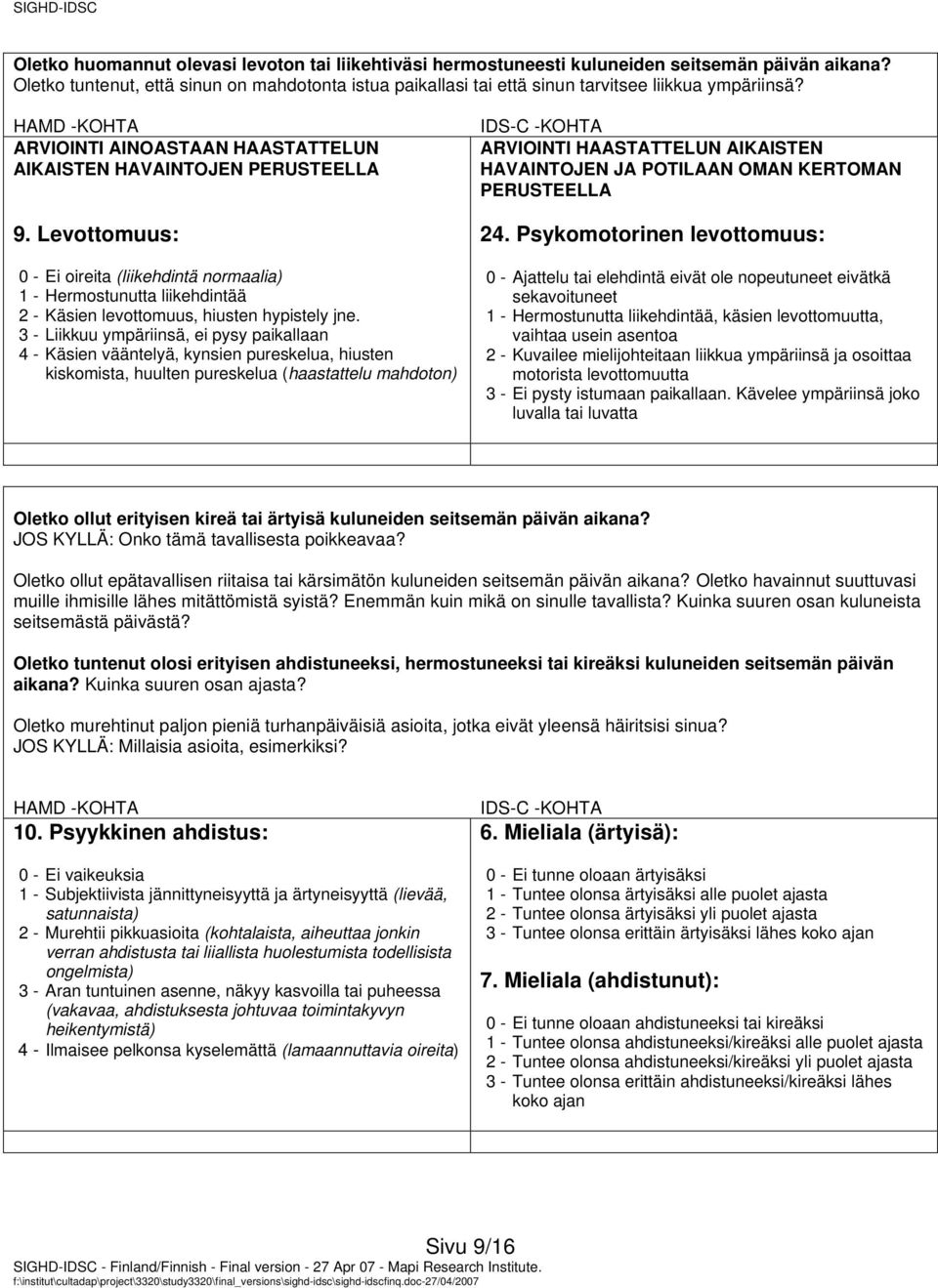 Levottomuus: 0 - Ei oireita (liikehdintä normaalia) 1 - Hermostunutta liikehdintää 2 - Käsien levottomuus, hiusten hypistely jne.