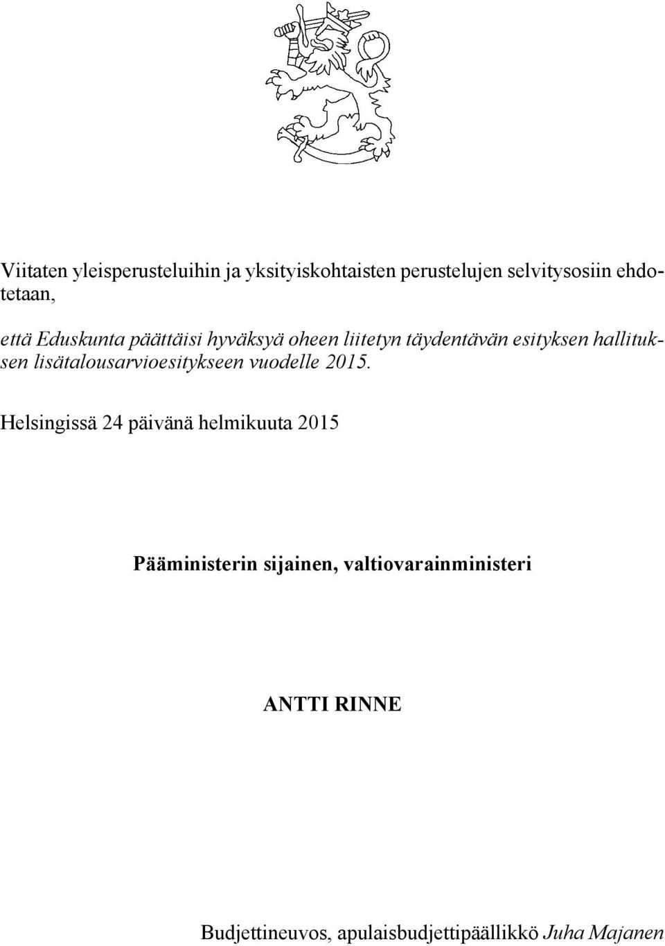 lisätalousarvioesitykseen vuodelle 2015.