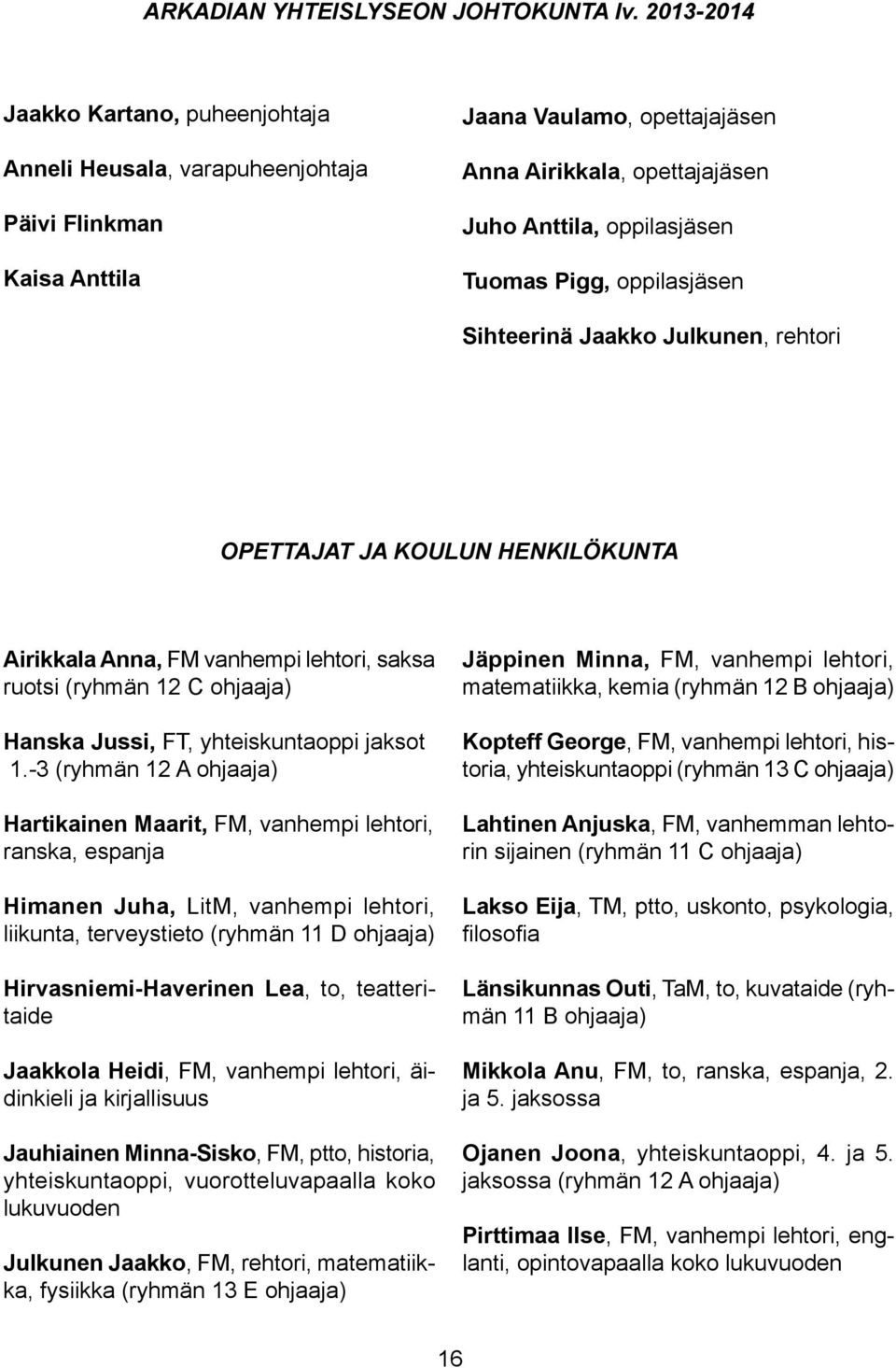 Pigg, oppilasjäsen Sihteerinä Jaakko Julkunen, rehtori OPETTAJAT JA KOULUN HENKILÖKUNTA Airikkala Anna, FM vanhempi lehtori, saksa ruotsi (ryhmän 12 C ohjaaja) Hanska Jussi, FT, yhteiskuntaoppi