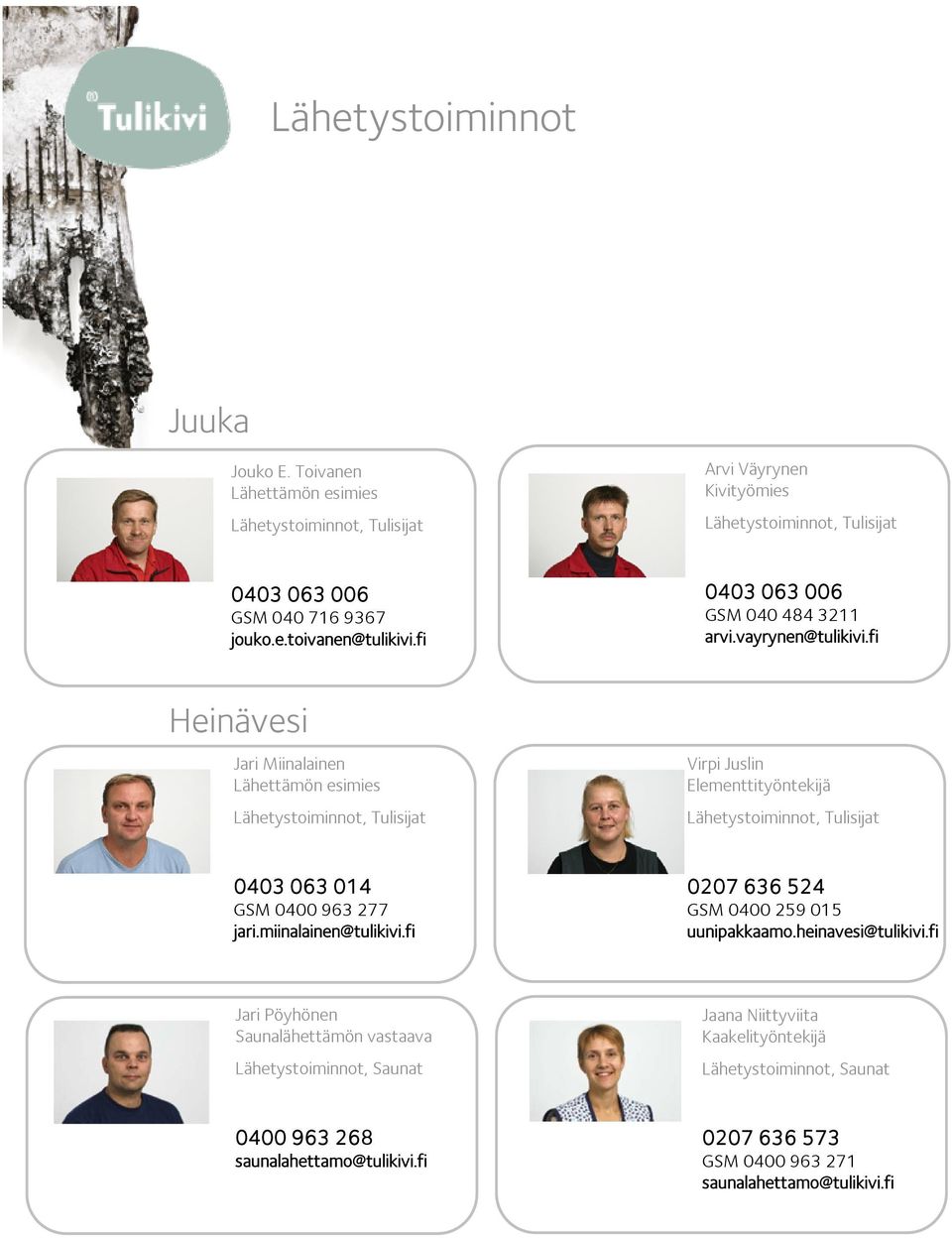 fi Heinävesi Jari Miinalainen Lähettämön esimies Lähetystoiminnot, Tulisijat Virpi Juslin Elementtityöntekijä Lähetystoiminnot, Tulisijat 0403 063 014 GSM 0400 963 277 jari.