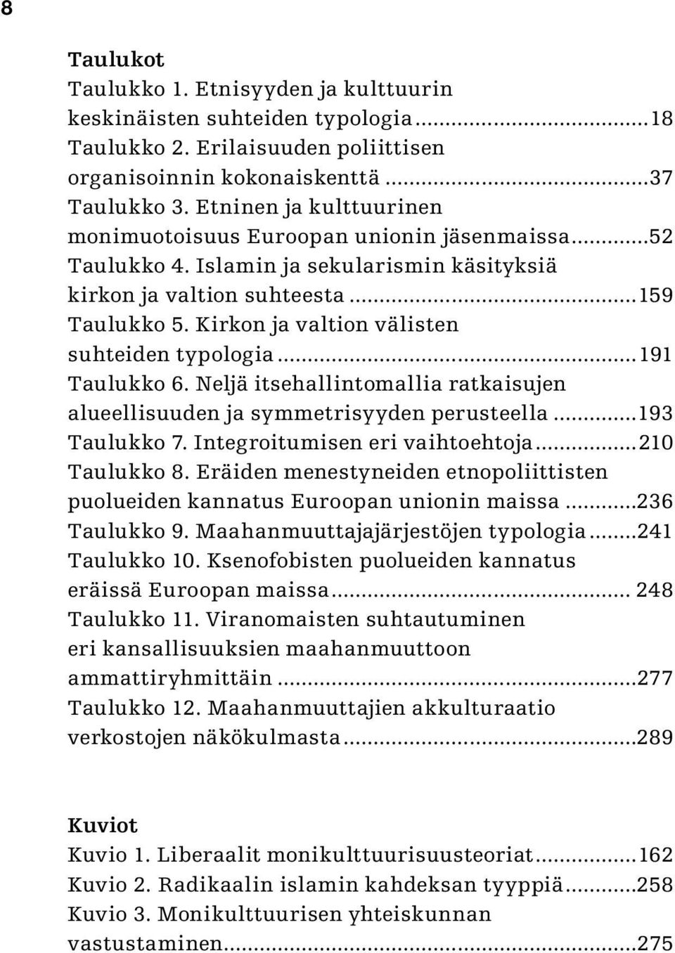 Kirkon ja valtion välisten suhteiden typologia...191 Taulukko 6. Neljä itsehallintomallia ratkaisujen alueellisuuden ja symmetrisyyden perusteella...193 Taulukko 7. Integroitumisen eri vaihtoehtoja.