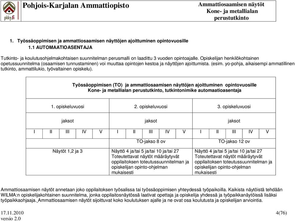 yo-pohja, aikaisempi ammatillinen tutkinto, ammattilukio, työvaltainen opiskelu). Työssäoppimisen (TO) ja ammattiosaamisen näyttöjen ajoittuminen opintovuosille, tutkintonimike automaatioasentaja 1.