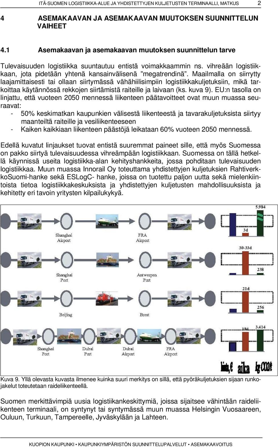 Maailmalla on siirrytty laajamittaisesti tai ollaan siirtymässä vähähiilisimpiin logistiikkakuljetuksiin, mikä tarkoittaa käytännössä rekkojen siirtämistä raiteille ja laivaan (ks. kuva 9).