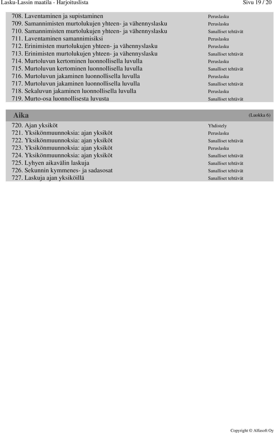 Erinimisten murtolukujen yhteen- ja vähennyslasku Sanalliset tehtävät 714. Murtoluvun kertominen luonnollisella luvulla Peruslasku 715.