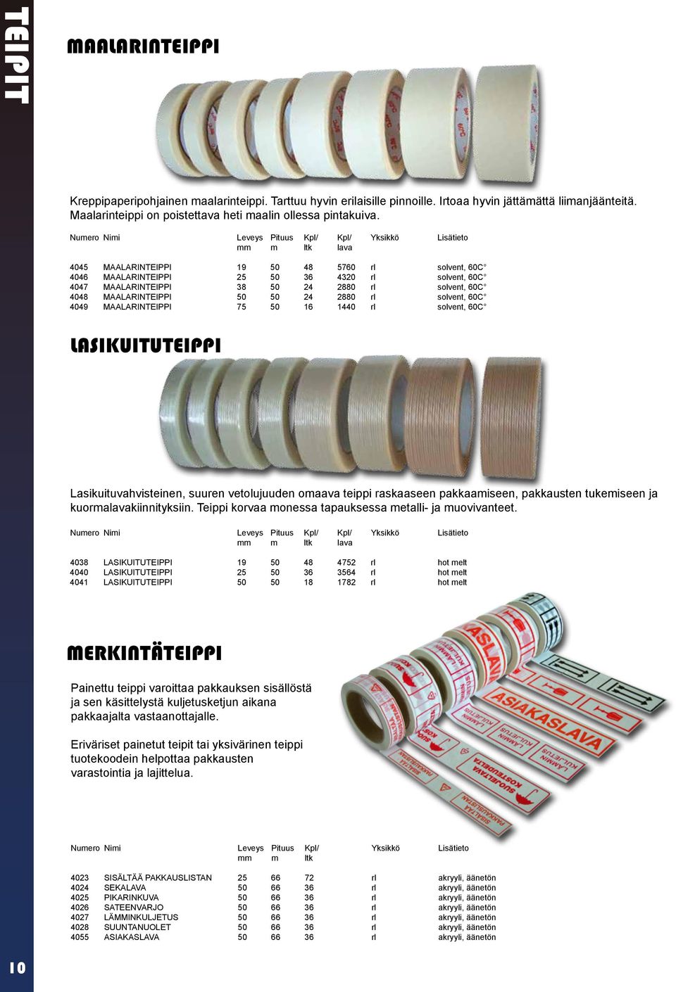 2880 rl solvent, 60C 4048 MAALARINTEIPPI 50 50 24 2880 rl solvent, 60C 4049 MAALARINTEIPPI 75 50 16 1440 rl solvent, 60C LASIKUITUTEIPPI Lasikuituvahvisteinen, suuren vetolujuuden omaava teippi