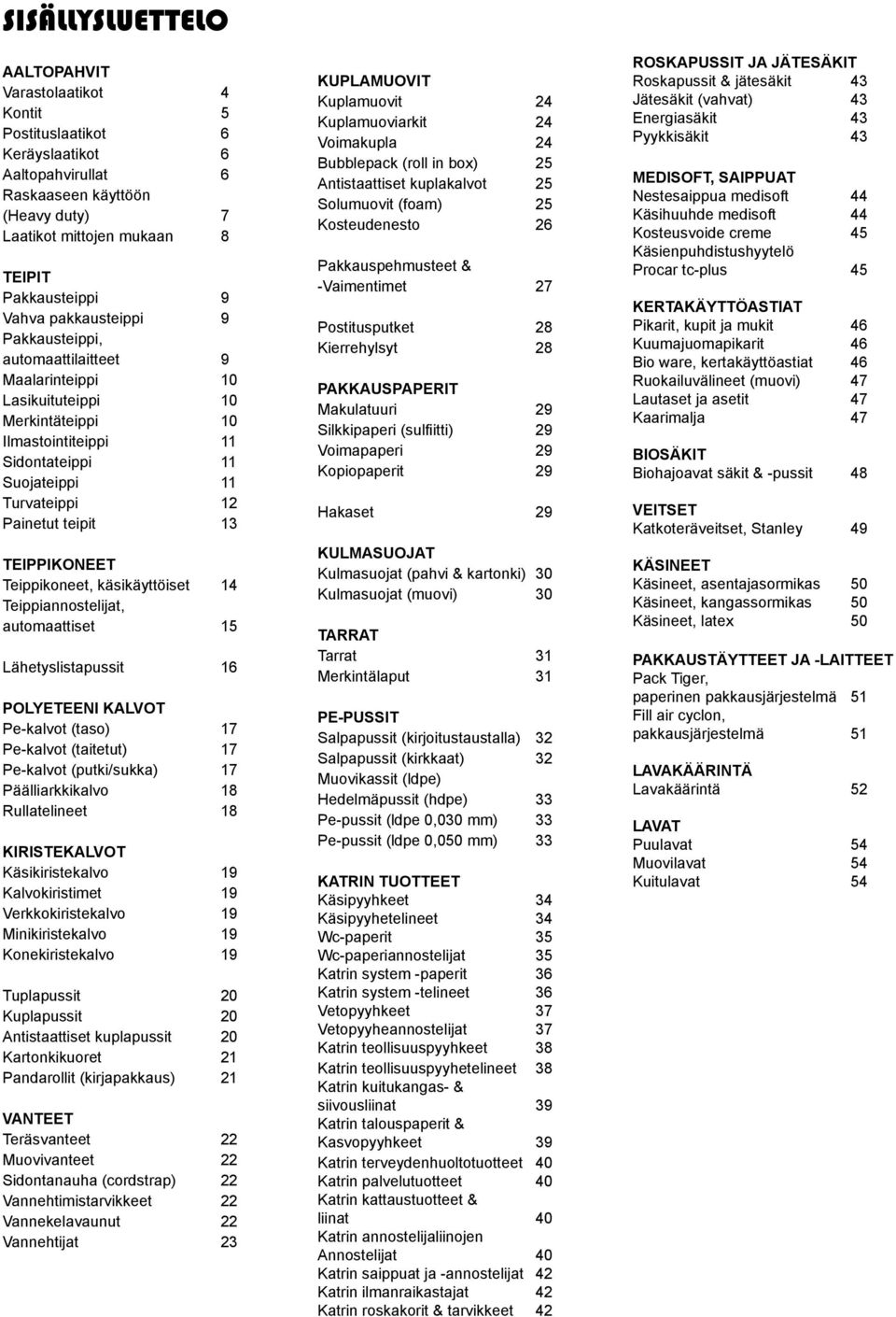 TEIPPIKONEET Teippikoneet, käsikäyttöiset 14 Teippiannostelijat, automaattiset 15 Lähetyslistapussit 16 POLYETEENI KALVOT Pe-kalvot (taso) 17 Pe-kalvot (taitetut) 17 Pe-kalvot (putki/sukka) 17