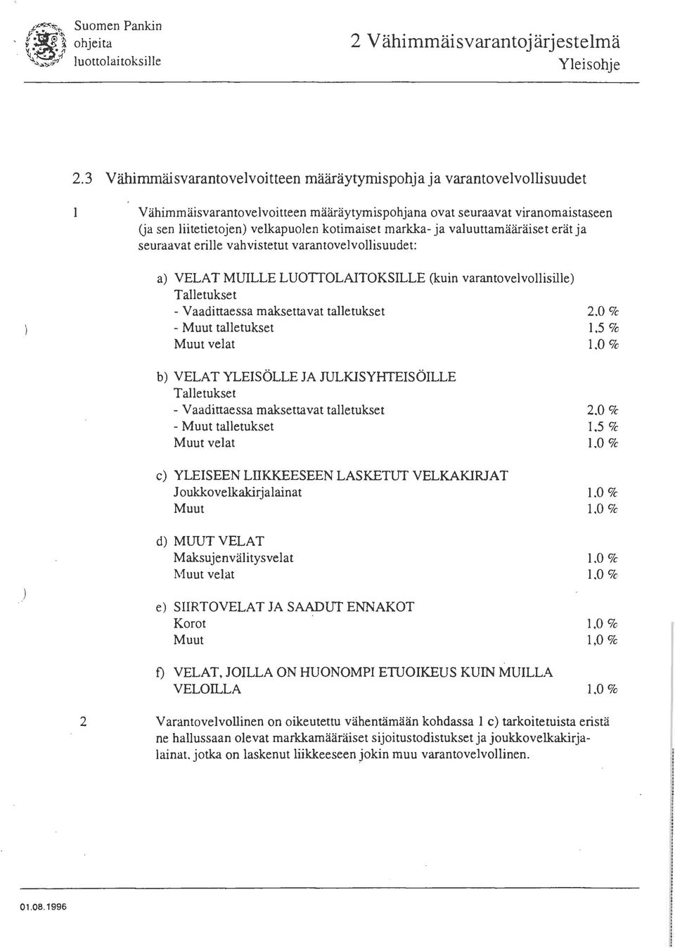 markka- ja valuuttarnaäräiset erat ja seuraavat erille vahvistetut varantovelvollisuudet: a) VELAT MUILLE LUOTTOLAITOKSILLE (kuin varantovelvollisille) Talletukset - Vaadittaessa maksettavat