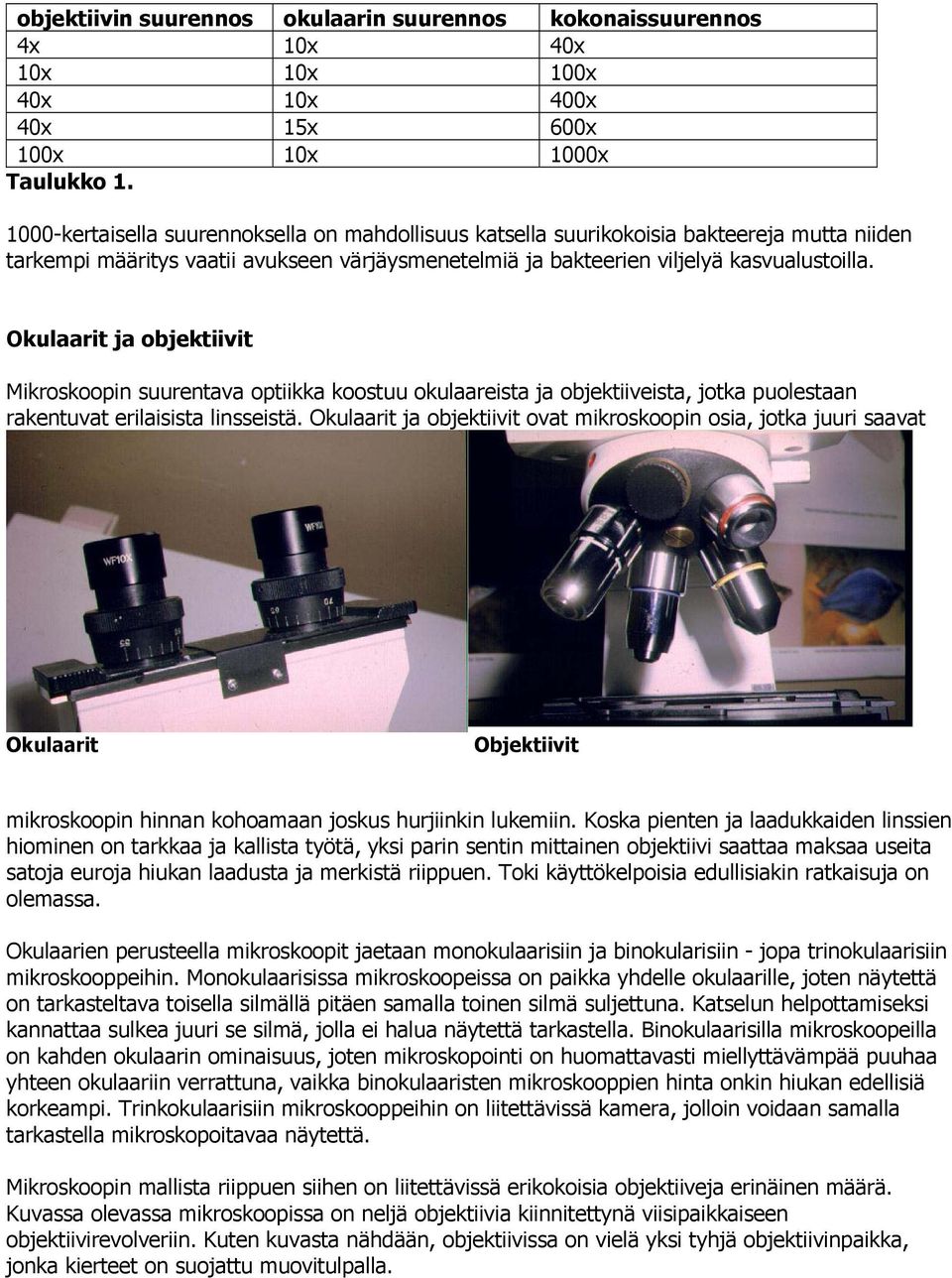 Okulaarit ja objektiivit Mikroskoopin suurentava optiikka koostuu okulaareista ja objektiiveista, jotka puolestaan rakentuvat erilaisista linsseistä.