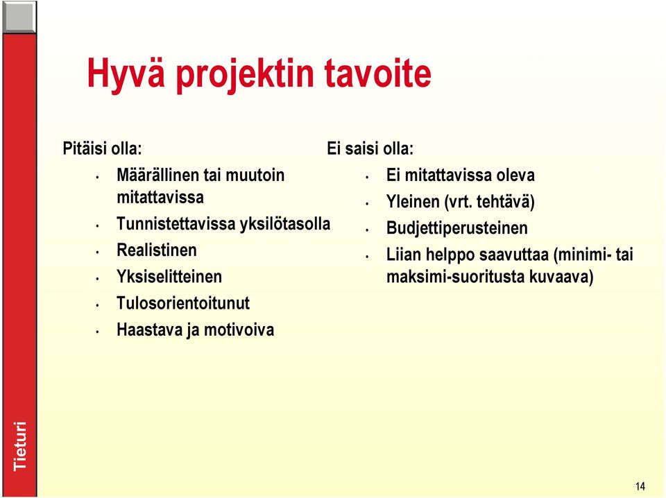 Haastava ja motivoiva Ei saisi olla: Ei mitattavissa oleva Yleinen (vrt.