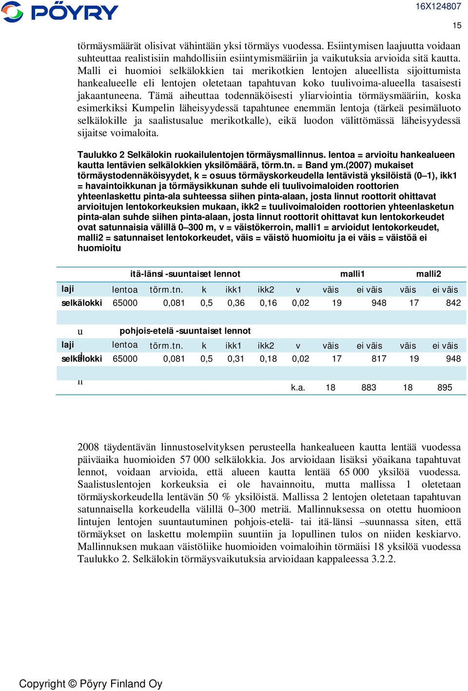 Tämä aiheuttaa todennäköisesti yliarviointia törmäysmääriin, koska esimerkiksi Kumpelin läheisyydessä tapahtunee enemmän lentoja (tärkeä pesimäluoto selkälokille ja saalistusalue merikotkalle), eikä