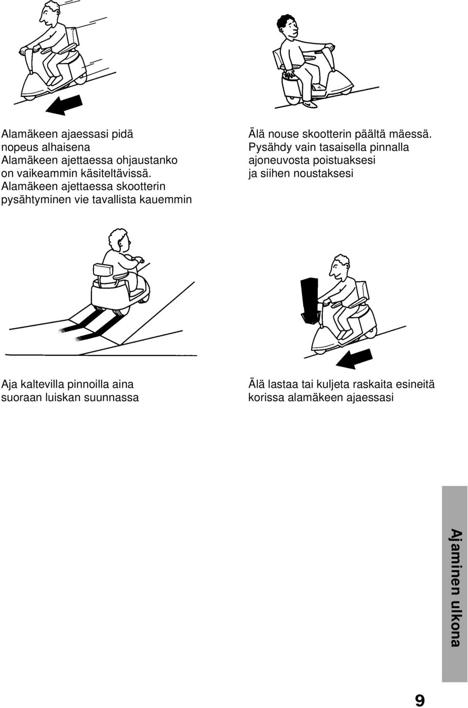 Pysähdy vain tasaisella pinnalla ajoneuvosta poistuaksesi ja siihen noustaksesi Aja kaltevilla pinnoilla