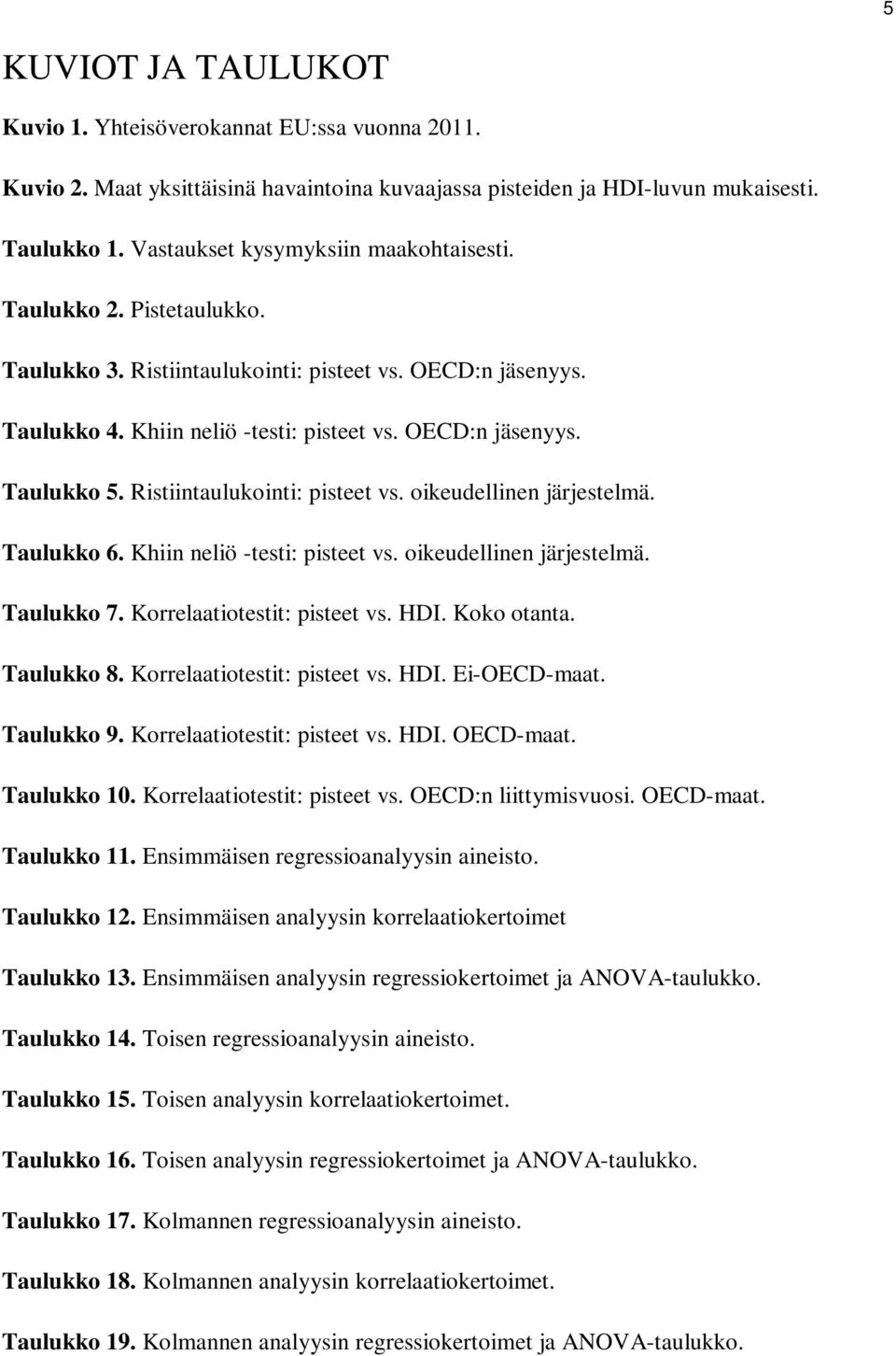 Ristiintaulukointi: pisteet vs. oikeudellinen järjestelmä. Taulukko 6. Khiin neliö -testi: pisteet vs. oikeudellinen järjestelmä. Taulukko 7. Korrelaatiotestit: pisteet vs. HDI. Koko otanta.