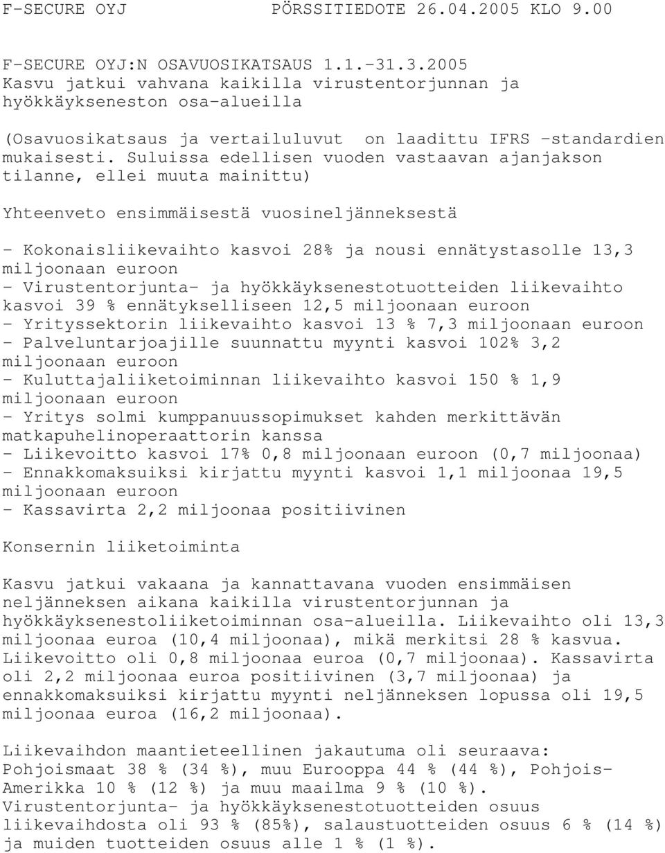 Suluissa edellisen vuoden vastaavan ajanjakson tilanne, ellei muuta mainittu) Yhteenveto ensimmäisestä vuosineljänneksestä - Kokonaisliikevaihto kasvoi 28% ja nousi ennätystasolle 13,3 miljoonaan