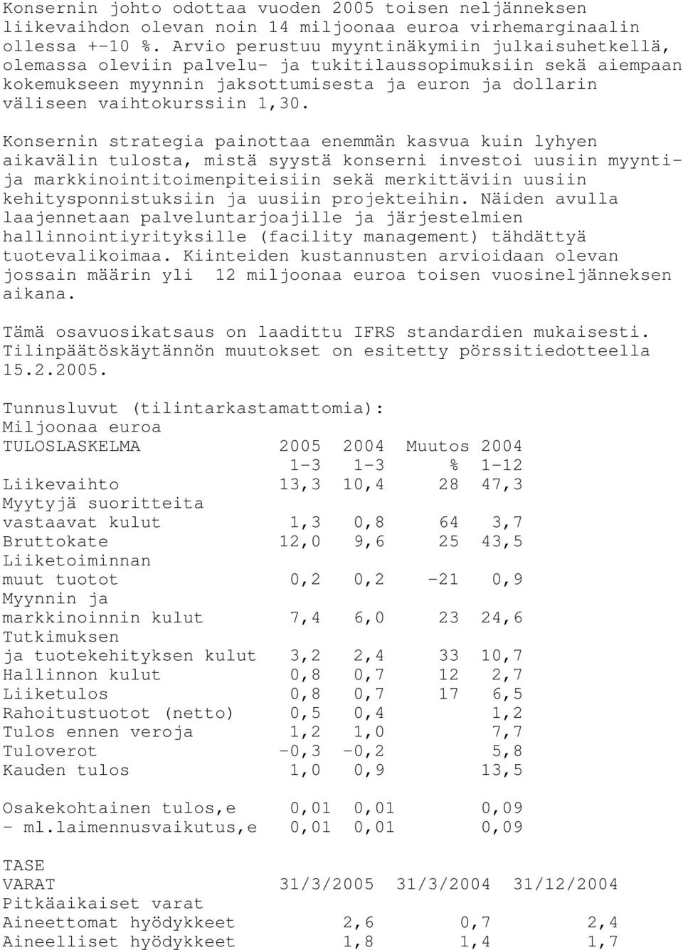 Konsernin strategia painottaa enemmän kasvua kuin lyhyen aikavälin tulosta, mistä syystä konserni investoi uusiin myyntija markkinointitoimenpiteisiin sekä merkittäviin uusiin kehitysponnistuksiin ja