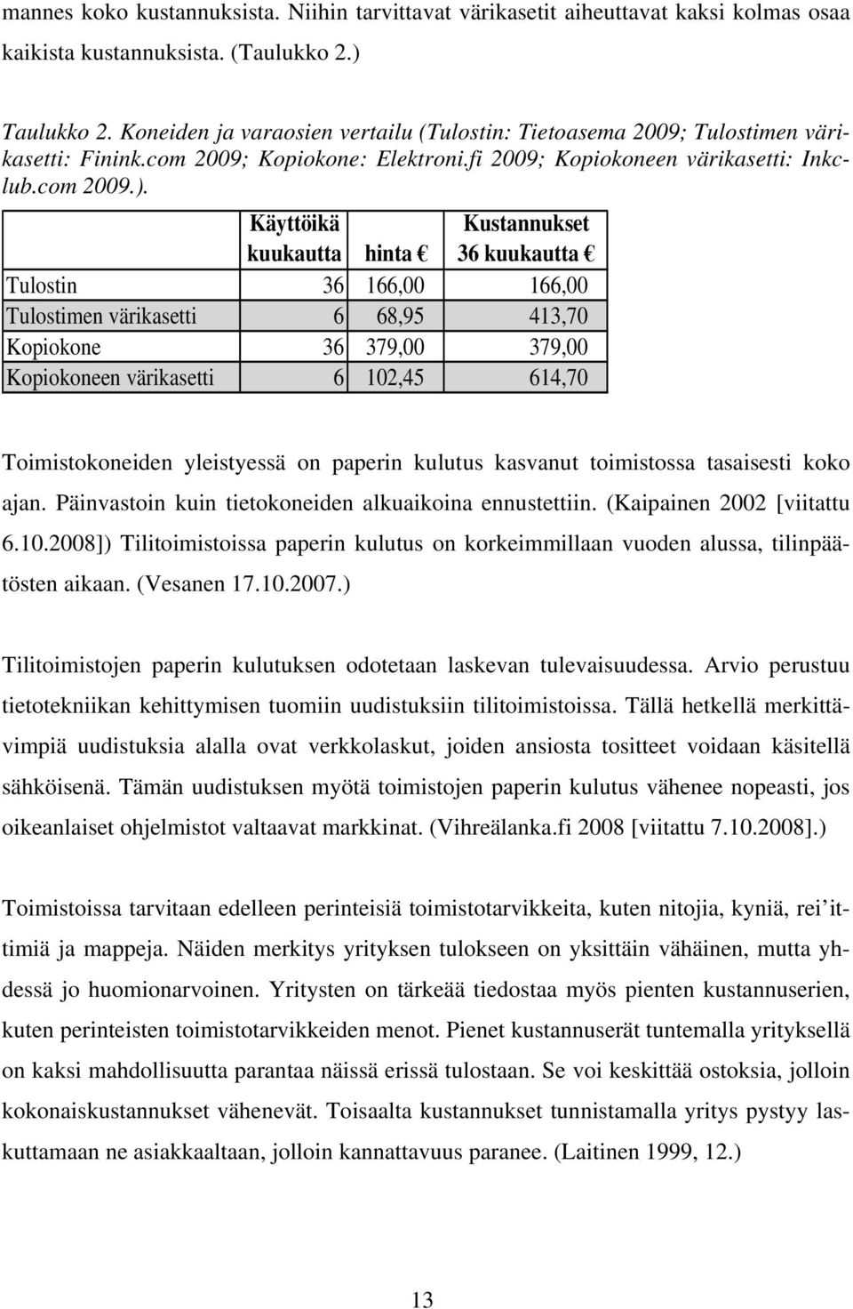 Käyttöikä kuukautta hinta Kustannukset 36 kuukautta Tulostin 36 166,00 166,00 Tulostimen värikasetti 6 68,95 413,70 Kopiokone 36 379,00 379,00 Kopiokoneen värikasetti 6 102,45 614,70 Toimistokoneiden