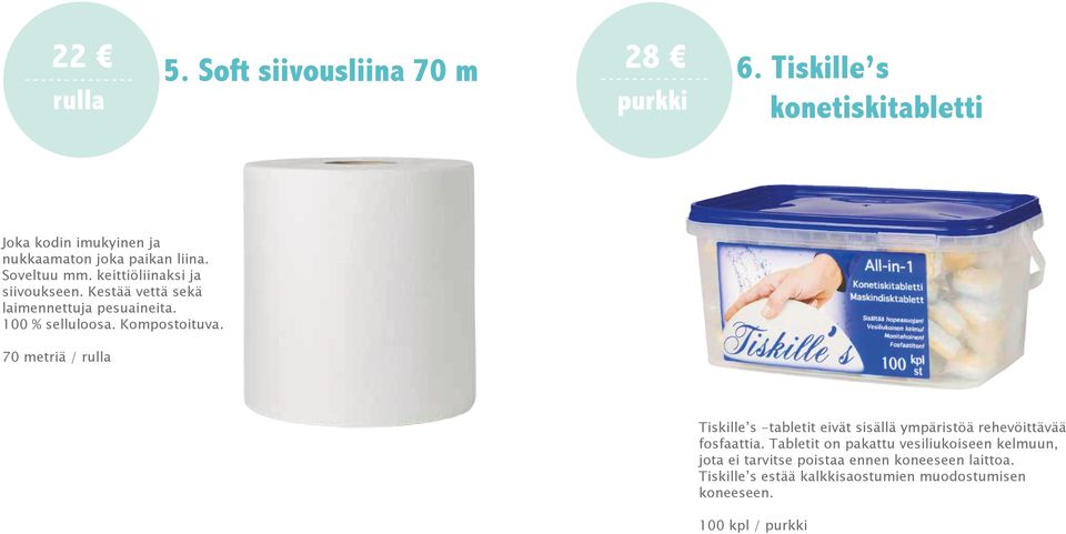 keittiöliinaksi ja siivoukseen. Kestää vettä sekä laimennettuja pesuaineita. 100 % selluloosa. Kompostoituva.