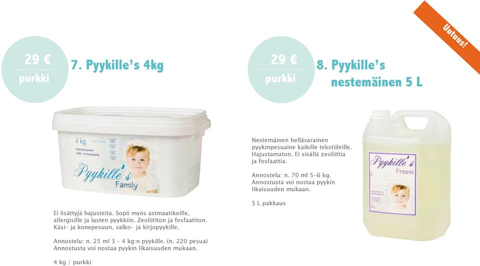 Ei sisällä zeoliittia ja fosfaattia. Annostelu: n. 70 ml 5-6 kg. Annostusta voi nostaa pyykin likaisuuden mukaan. Ei lisättyjä hajusteita.