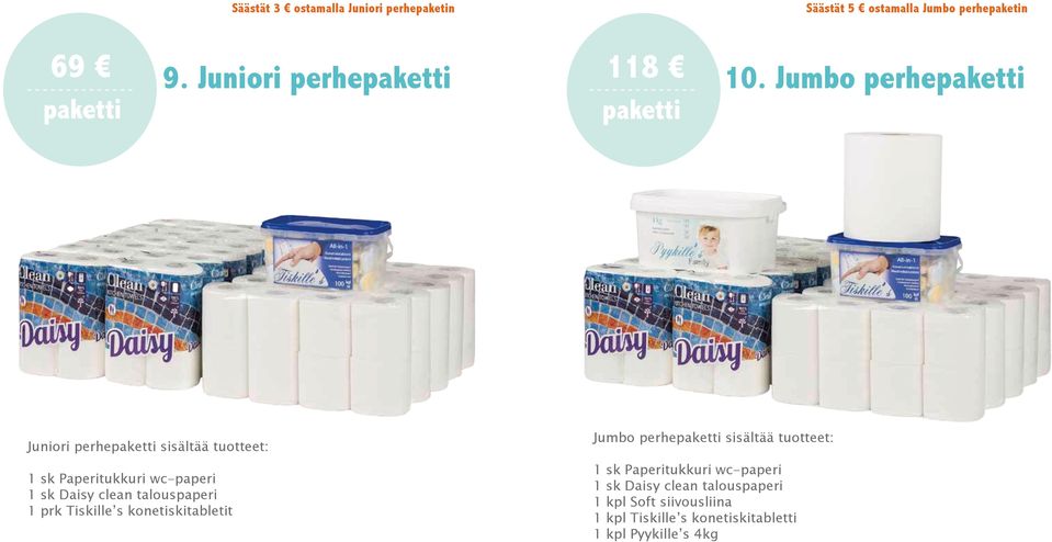 Jumbo perhepaketti paketti Juniori perhepaketti sisältää tuotteet: 1 sk Paperitukkuri wc-paperi 1 sk Daisy clean