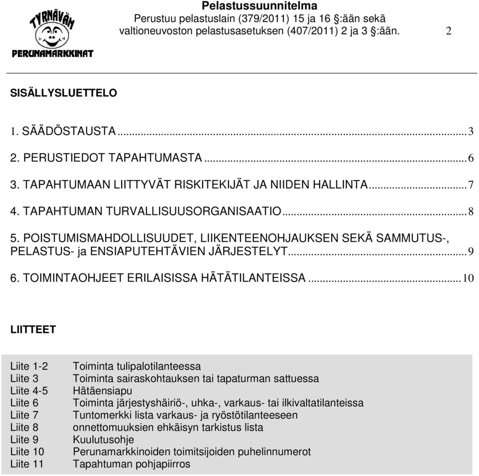 ..10 LIITTEET Liite 1-2 Liite 3 Liite 4-5 Liite 6 Liite 7 Liite 8 Liite 9 Liite 10 Liite 11 Toiminta tulipalotilanteessa Toiminta sairaskohtauksen tai tapaturman sattuessa Hätäensiapu Toiminta