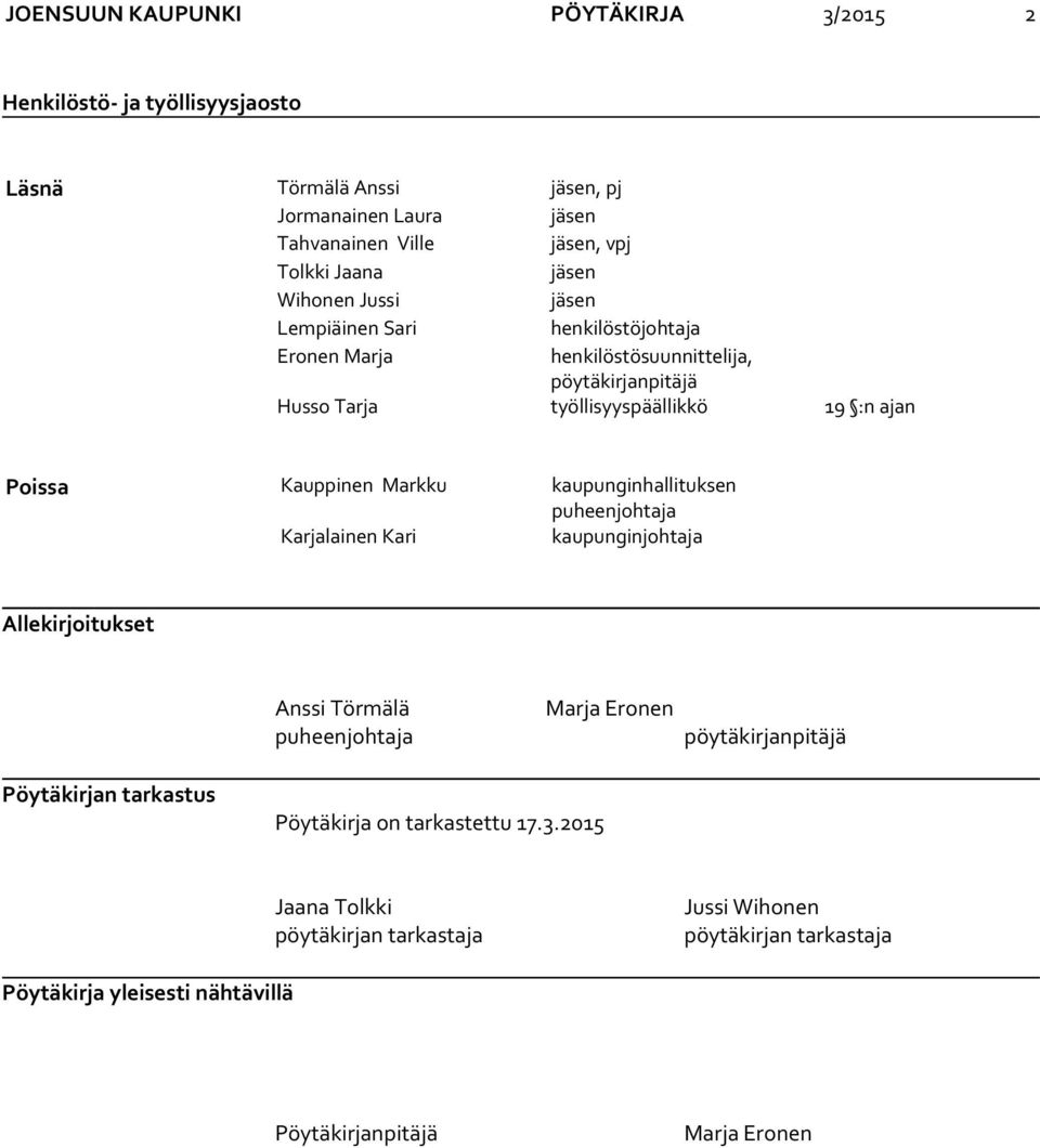 Markku kaupunginhallituksen puheenjohtaja Karjalainen Kari kaupunginjohtaja Allekirjoitukset Anssi Törmälä puheenjohtaja Marja Eronen pöytäkirjanpitäjä Pöytäkirjan