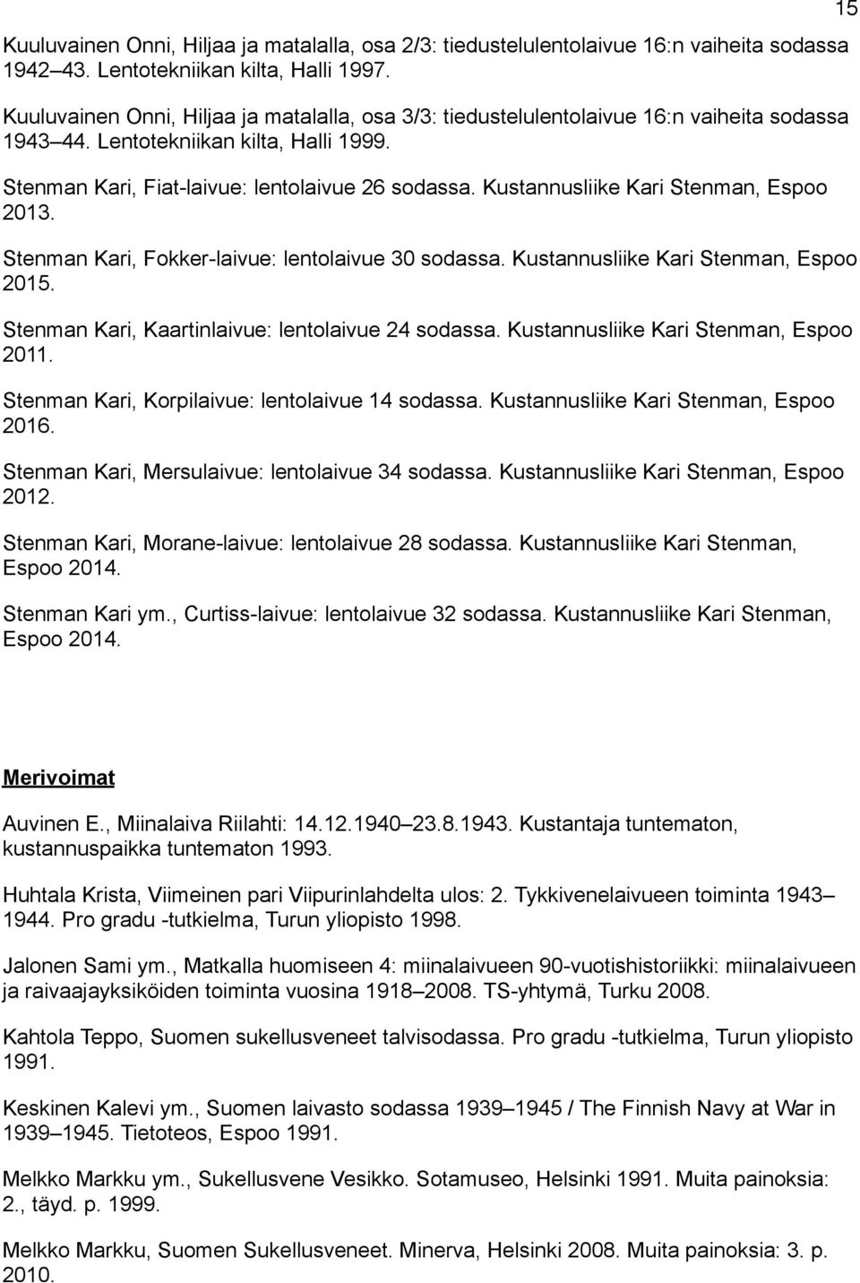 Kustannusliike Kari Stenman, Espoo 2013. Stenman Kari, Fokker-laivue: lentolaivue 30 sodassa. Kustannusliike Kari Stenman, Espoo 2015. Stenman Kari, Kaartinlaivue: lentolaivue 24 sodassa.