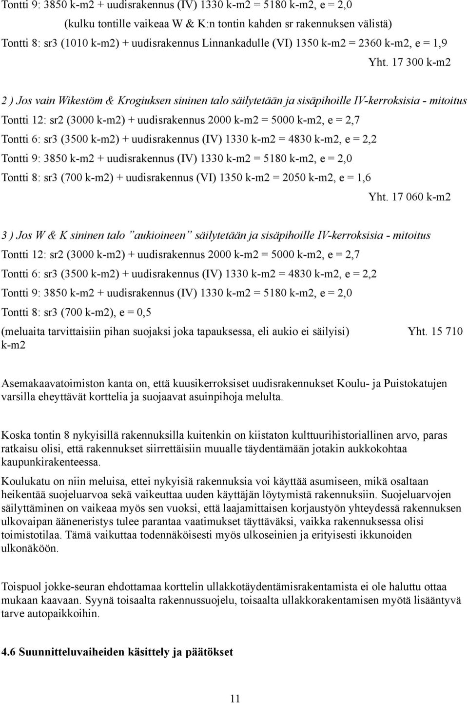 17 300 k-m2 2 ) Jos vain Wikestöm & Krogiuksen sininen talo säilytetään ja sisäpihoille IV-kerroksisia - mitoitus Tontti 12: sr2 (3000 k-m2) + uudisrakennus 2000 k-m2 = 5000 k-m2, e = 2,7 Tontti 6: