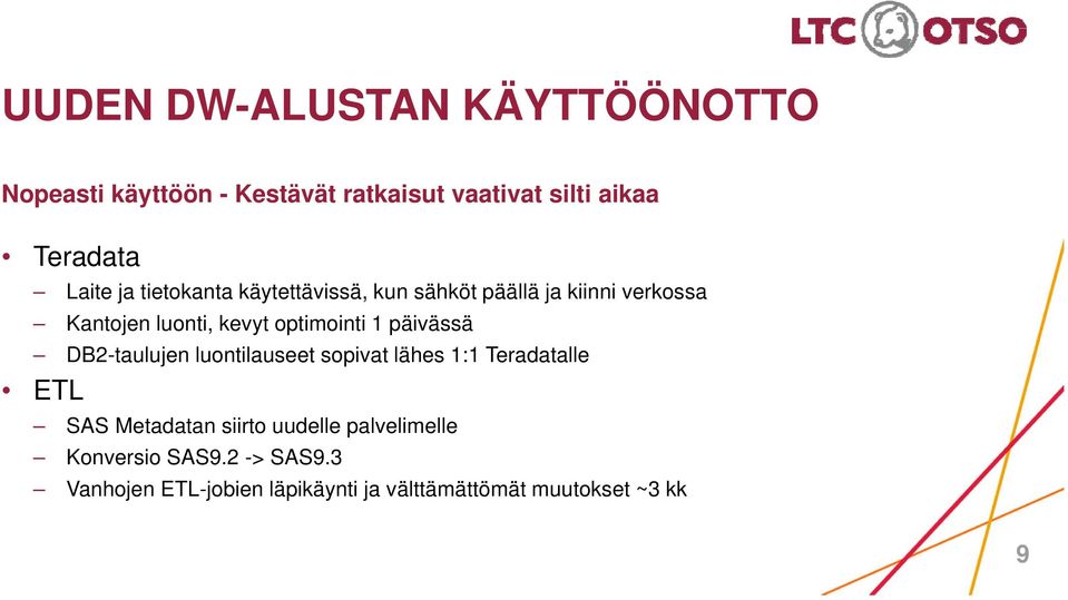 optimointi 1 päivässä DB2-taulujen luontilauseet sopivat lähes 1:1 Teradatalle ETL SAS Metadatan