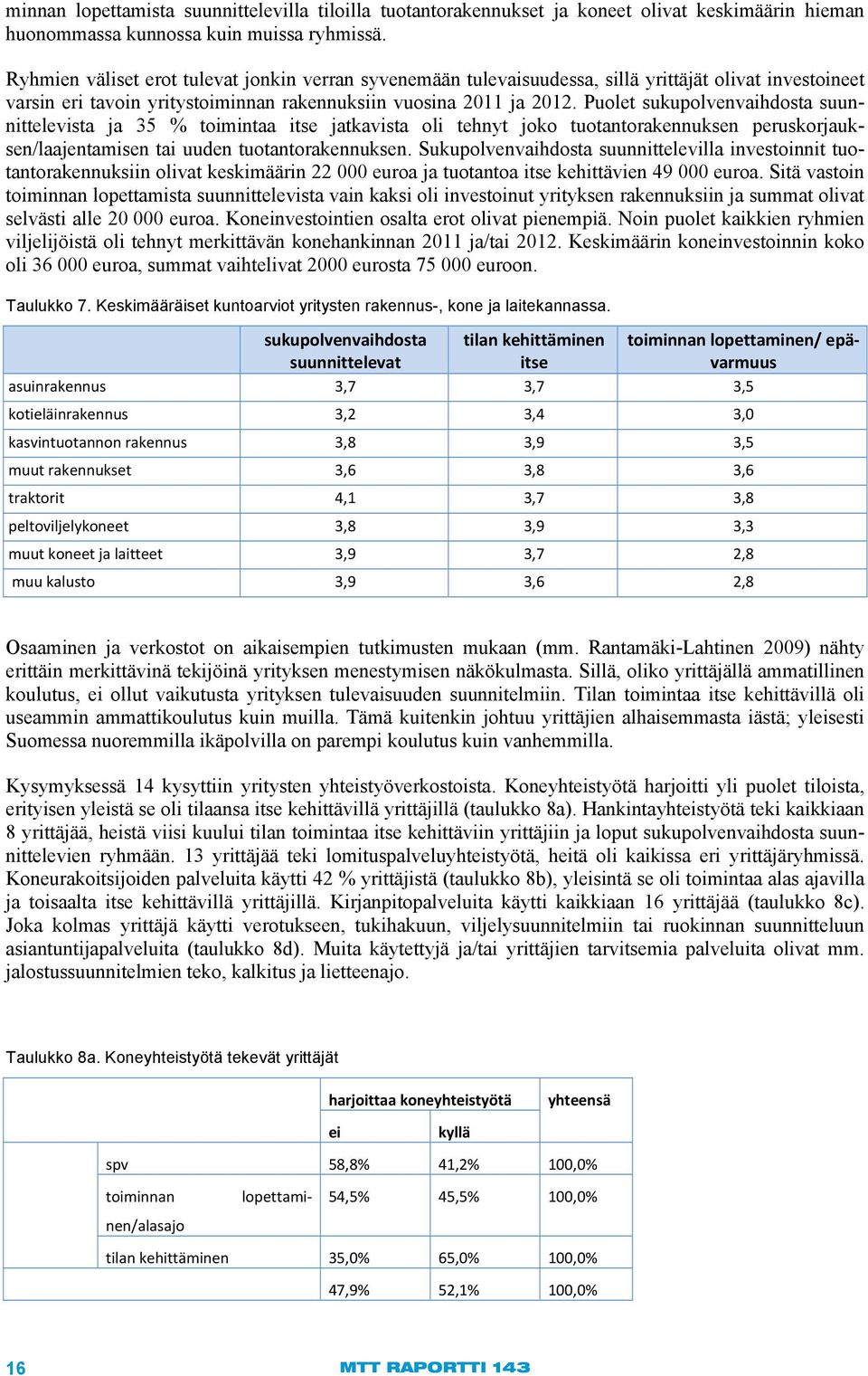 Puolet sukupolvenvaihdosta suunnittelevista ja 35 % toimintaa itse jatkavista oli tehnyt joko tuotantorakennuksen peruskorjauksen/laajentamisen tai uuden tuotantorakennuksen.