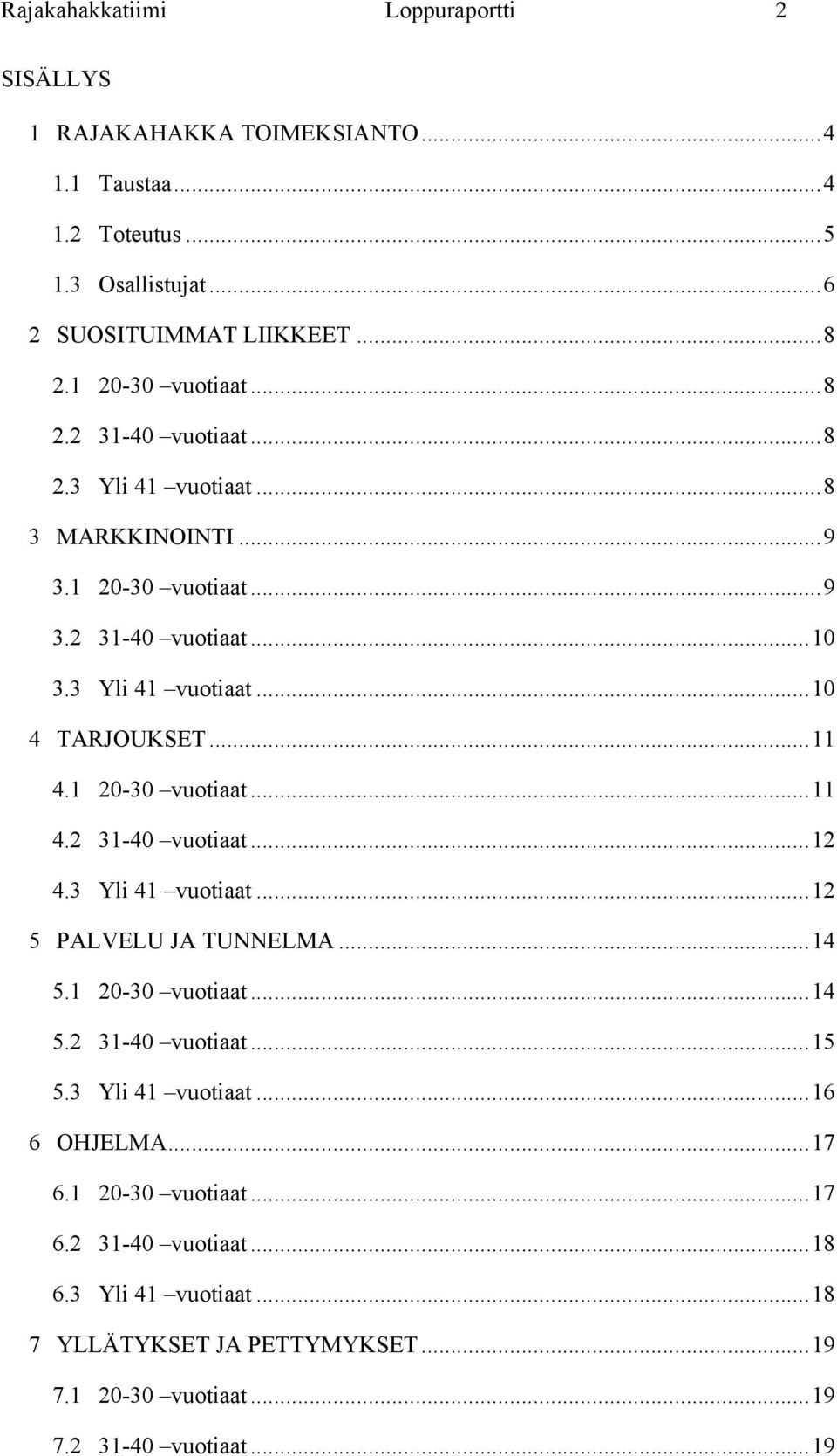 .. 11 4.1 20-30 vuotiaat... 11 4.2 31-40 vuotiaat... 12 4.3 Yli 41 vuotiaat... 12 5 PALVELU JA TUNNELMA... 14 5.1 20-30 vuotiaat... 14 5.2 31-40 vuotiaat... 15 5.