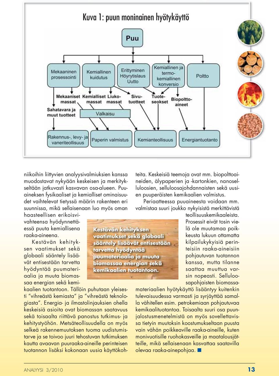 kemiallisena raaka-aineena. Kestävän kehityksen vaatimukset sekä globaali sääntely lisäävät entisestään tarvetta hyödyntää puumateriaalia ja muuta biomassaa energian sekä kemikaalien tuotantoon.