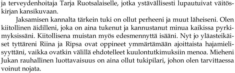 Olen kiitollinen äidilleni, joka on aina tukenut ja kannustanut minua kaikissa pyrkimyksissäni. Kiitollisena muistan myös edesmennyttä isääni.