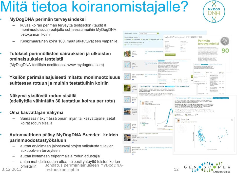 sen ympärille Tulokset perinnöllisten sairauksien ja ulkoisten ominaisuuksien testeistä (MyDogDNA-testilista osoitteessa www.mydogdna.