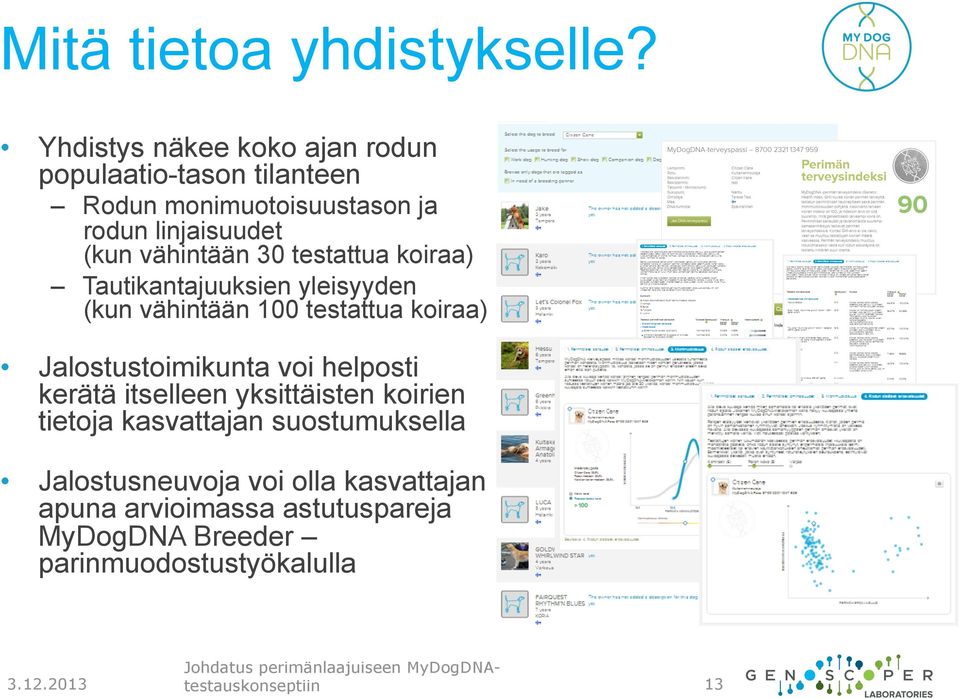 testattua koiraa) Tautikantajuuksien yleisyyden (kun vähintään 100 testattua koiraa) Jalostustoimikunta voi helposti kerätä