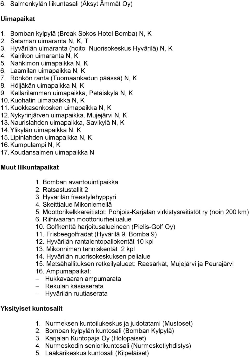 Kuohatin uimapaikka N, K 11. Kuokkasenkosken uimapaikka N, K 12. Nykyrinjärven uimapaikka, Mujejärvi N, K 13. Naurislahden uimapaikka, Savikylä N, K 14. Ylikylän uimapaikka N, K 15.