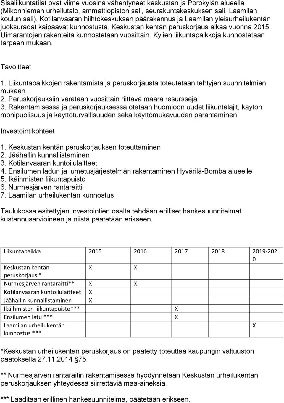 Uimarantojen rakenteita kunnostetaan vuosittain. Kylien liikuntapaikkoja kunnostetaan tarpeen mukaan. 1. Liikuntapaikkojen rakentamista ja peruskorjausta toteutetaan tehtyjen suunnitelmien mukaan 2.