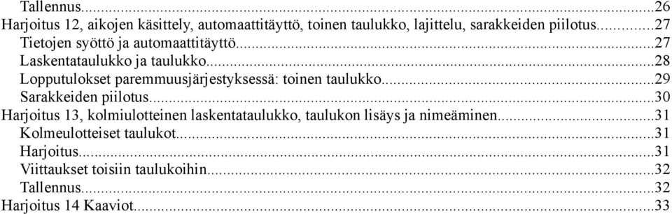 ..28 Lopputulokset paremmuusjärjestyksessä: toinen taulukko...29 Sarakkeiden piilotus.